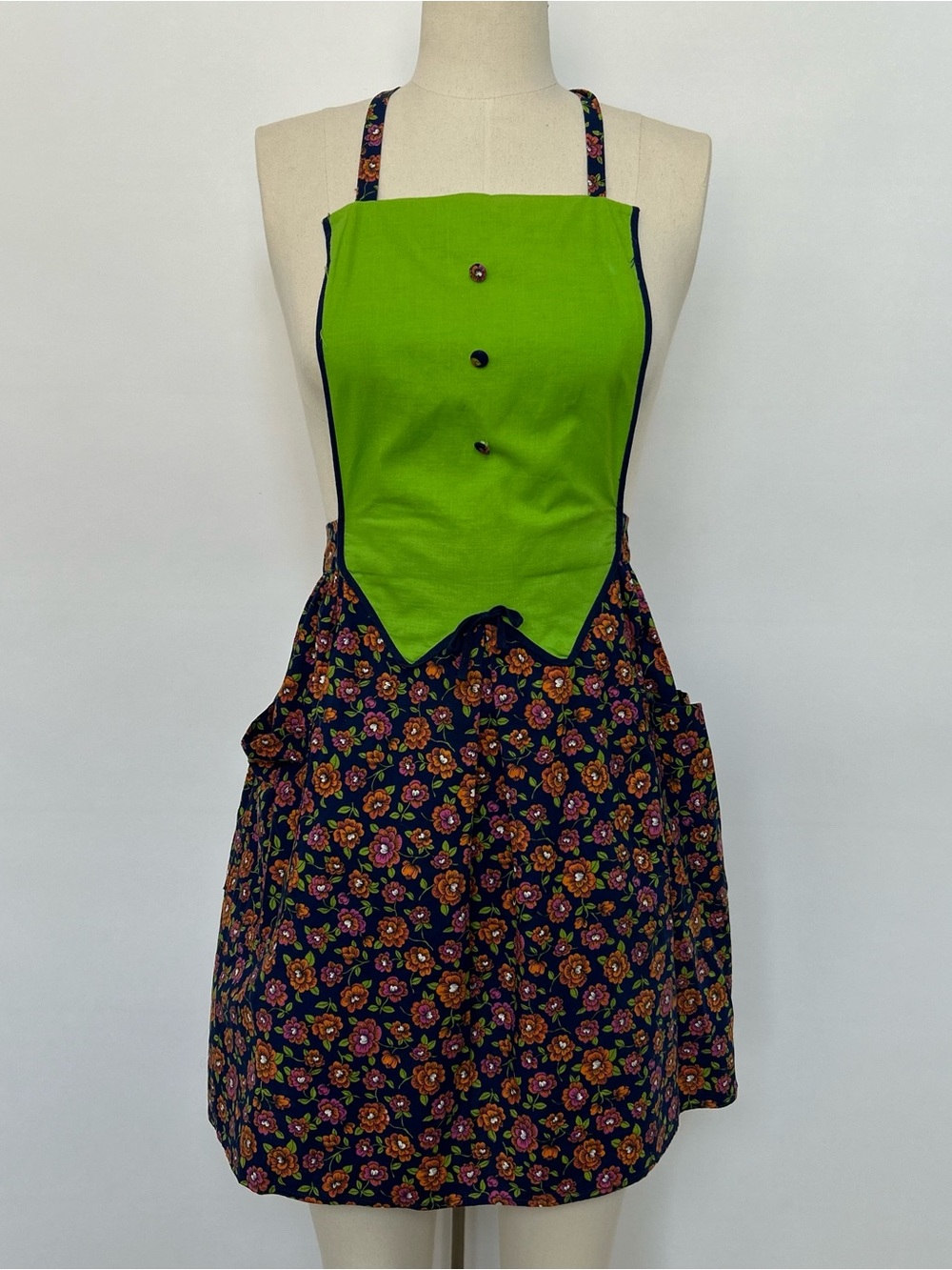 Floral Apron Dress with Bright Green Bodice
